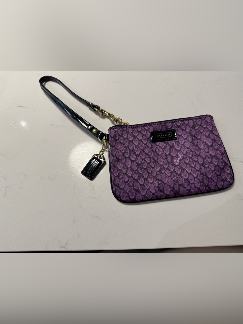 Coach Taylor Snake Print Satin Wristlet Purple & Black